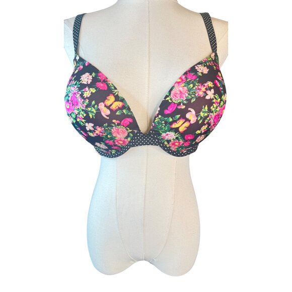 2/$30 Victorias Secret 36DD Floral Push-Up Bra Dainty Black Pink & Green Flowers - Picture 1 of 11